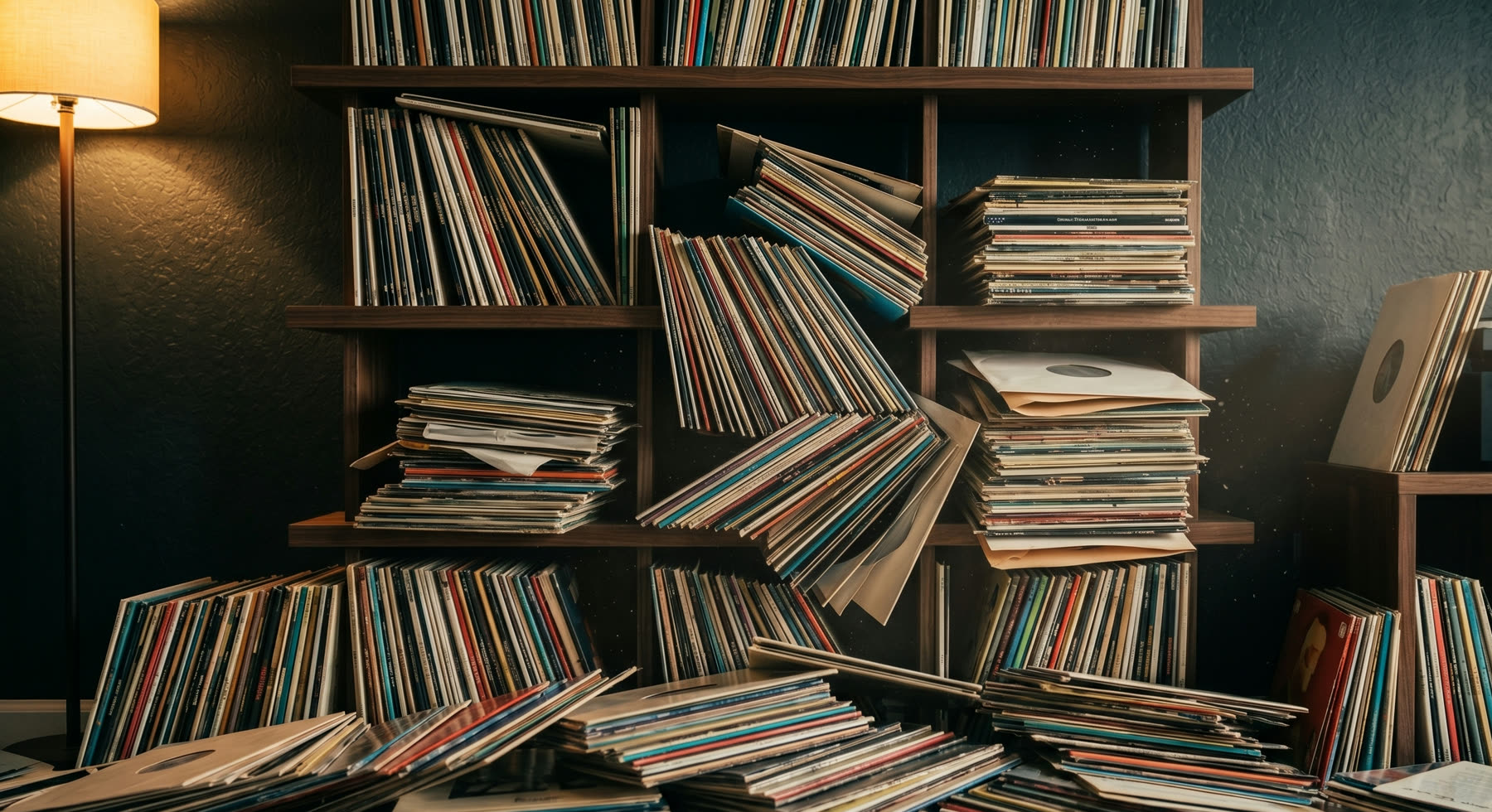 La misma colección de vinilos en completo desorden