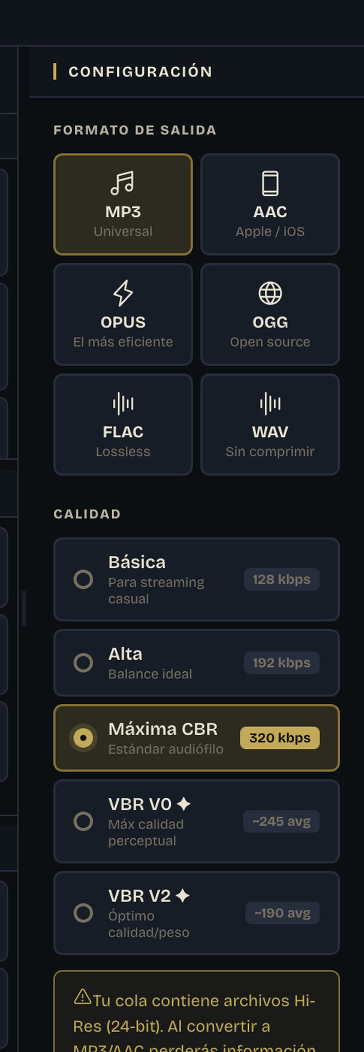 Panel de configuración de HIFILAT: formatos de salida MP3, AAC, OPUS, OGG, FLAC y WAV, con niveles de calidad